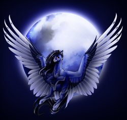 Size: 3698x3508 | Tagged: safe, artist:oneiria-fylakas, oc, oc only, oc:azora, pegasus, pony, colored wings, female, high res, mare, moon, multicolored wings, solo, wings