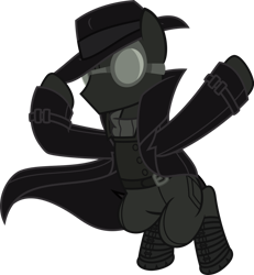 Size: 1280x1388 | Tagged: safe, artist:mlp-trailgrazer, oc, oc only, oc:brogar, earth pony, pony, cloak, clothes, cosplay, costume, goggles, hat, male, simple background, solo, spider noir, spider-man noir, stallion, transparent background