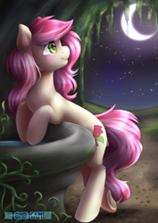 Size: 2149x3035 | Tagged: safe, artist:tokokami, roseluck, earth pony, pony, g4, bipedal, bipedal leaning, female, garden, high res, leaning, looking up, mare, moon, night, solo