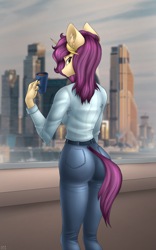 Size: 2000x3200 | Tagged: safe, artist:catd, artist:catd-nsfw, oc, oc only, oc:kaira kitch, anthro, ass, butt, clothes, coffee, high res, jeans, looking back, moscow, pants, solo, sweater, tower
