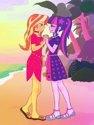 Size: 1620x2160 | Tagged: safe, artist:haibaratomoe, sci-twi, sunset shimmer, twilight sparkle, equestria girls, equestria girls specials, g4, my little pony equestria girls: better together, my little pony equestria girls: spring breakdown, beach, bush, choker, clothes, cute, dress, duo, eyes closed, female, holding hands, lesbian, lidded eyes, ocean, palm tree, plant, ponytail, romantic, sandals, sci-twiabetes, shimmerbetes, ship:sci-twishimmer, ship:sunsetsparkle, shipping, sunset, tree, twiabetes