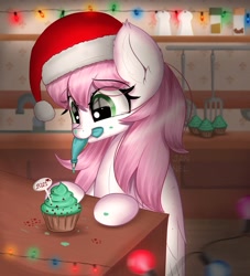 Size: 1961x2160 | Tagged: safe, artist:janelearts, oc, oc only, pegasus, pony, christmas, cupcake, female, food, hat, holiday, icing bag, mare, mouth hold, santa hat, solo