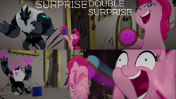 Size: 2000x1125 | Tagged: safe, edit, edited screencap, editor:quoterific, screencap, pinkie pie, earth pony, pony, g4, my little pony: the movie, bipedal, cupcake, food, holding a present, open mouth, present, storm guard