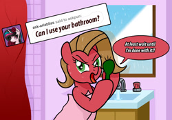Size: 1280x892 | Tagged: safe, artist:ladyanidraws, oc, oc only, oc:pun, earth pony, pony, ask pun, ask, bathroom, brush, solo, towel, we don't normally wear clothes, wet