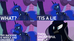 Size: 2000x1125 | Tagged: safe, edit, edited screencap, editor:quoterific, screencap, princess luna, alicorn, pony, g4, luna eclipsed, season 2, angry, female, gritted teeth, lightning, open mouth, solo