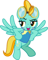 Size: 3000x3731 | Tagged: safe, artist:cloudy glow, lightning dust, pegasus, pony, g4, wonderbolts academy, .ai available, clothes, dreamworks face, female, flying, goggles, high res, hoof on hip, hooves on hips, lead pony badge, lidded eyes, mare, open mouth, open smile, simple background, smiling, solo, spread wings, transparent background, uniform, vector, wings, wonderbolt trainee uniform