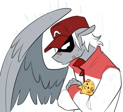 Size: 1131x1035 | Tagged: safe, artist:redxbacon, oc, oc only, oc:cheese the cat, oc:single strike, cat, pegasus, anthro, baseball cap, cap, clothes, cute, female, hat, jacket, masculine mare, rain, reverse trap, solo, tomboy, wing umbrella