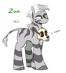 Size: 1042x1152 | Tagged: safe, artist:redxbacon, oc, oc only, oc:zani, pony, zebra, male, ponytail, quadrupedal, simple background, skull, solo, stallion, white background