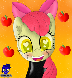 Size: 3840x4154 | Tagged: safe, artist:damlanil, apple bloom, android, earth pony, pony, robot, robot pony, g4, adorabloom, apple, apple bloom bot, apple bloom's bow, blushing, bow, catsuit, clothes, cute, female, filly, food, hair bow, happy, heart, heart eyes, latex, latex suit, looking at you, mare, open mouth, rubber, shine, shiny, simple background, smiling, spy, suit, vector, weapons-grade cute, wingding eyes