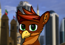Size: 1785x1249 | Tagged: safe, alternate version, artist:colourwave, oc, oc only, oc:fess, griffon, blurry background, bust, chechnya, commission, ear fluff, griffon oc, looking at you, male, portrait, simple background, smiling, solo