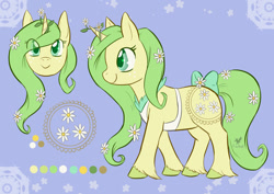 Size: 1280x904 | Tagged: safe, artist:foxhatart, oc, oc only, oc:daisy chain, pony, unicorn, apron, bow, clothes, female, flower, mare, reference sheet, solo, tail bow