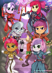 Size: 724x1023 | Tagged: safe, artist:the-dark-mangaka, apple bloom, babs seed, diamond tiara, scootaloo, silver spoon, sweetie belle, equestria girls, g4, armor, chromie, clothes, costume, cutie mark crusaders, deckard cain, female, hammer, heroes of the storm, illidan stormrage, king leoric, looking at you, sally whitemane, sonya, staff, war hammer, weapon