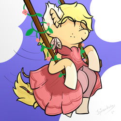 Size: 1000x1000 | Tagged: safe, artist:spiroudada, oc, oc only, oc:cookie, earth pony, pony, clothes, cottagecore, cute, dress, earth pony oc, female, flower, pink, pink dress, sky, solo, swing, swinging