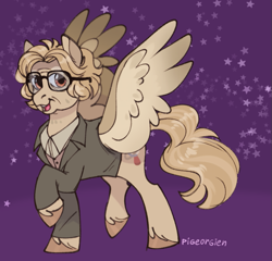 Size: 767x737 | Tagged: safe, artist:pigeorgien, oc, oc only, oc:saturnalia cassini, oc:sickle rings, pegasus, pony, clothes, female, glasses, hoof fluff, mare, ponified, saturn, smiling, solo, spread wings, stars, suit, wings