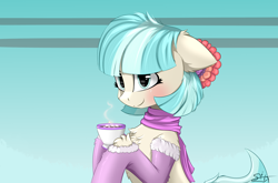 Size: 3250x2150 | Tagged: safe, artist:singovih, coco pommel, earth pony, pony, g4, blushing, clothes, cocobetes, coffee, cup, cute, female, food, high res, looking at you, mare, scarf, simple background, sitting, smiling, socks, solo, teacup