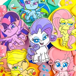 Size: 1080x1080 | Tagged: safe, applejack, fluttershy, pinkie pie, rainbow dash, rarity, twilight sparkle, g4, g4.5, my little pony: pony life, official, cookie, food, mane six, photo