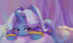 Size: 2087x1217 | Tagged: safe, artist:lexiedraw, trixie, pony, unicorn, alternate hairstyle, babysitter trixie, clothes, cute, diatrixes, female, hoodie, mare, pigtails, solo