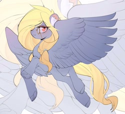 Size: 2048x1872 | Tagged: safe, artist:amo, oc, oc only, pegasus, pony, colored eyelashes, ear fluff, flying, monocle, not derpy, solo, spread wings, wings