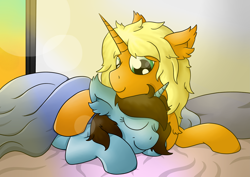 Size: 5945x4205 | Tagged: safe, artist:raktor, oc, oc only, oc:dawnflash, oc:pawsie hooves, pony, unicorn, absurd resolution, bed, covers, ear fluff, female, lens flare, lying down, male, mare, pillow, prone, smiling, snuggling, stallion, window