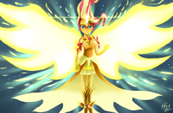 Size: 1920x1260 | Tagged: safe, artist:jphyperx, sunset shimmer, human, equestria girls, g4, my little pony equestria girls: friendship games, daydream shimmer, fire, glowing horn, horn, lens flare, sparks, wings