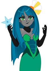 Size: 1071x1579 | Tagged: safe, artist:rosemile mulberry, queen chrysalis, human, equestria girls, g4, absolute cleavage, breasts, cleavage, clothes, cutie mark, dress, equestria girls-ified, evil grin, eyeshadow, female, gloves, grin, implied sunburst, implied trixie, long gloves, long hair, makeup, simple background, smiling, solo, sunburst's cutie mark, trixie's cutie mark, wand