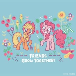 Size: 1080x1080 | Tagged: safe, artist:mylittleponyjpn, part of a set, applejack, pinkie pie, earth pony, pony, g4, official, blue background, cowboy hat, cute, duo, female, flower, hat, mare, pitchfork, simple background, smiling, sunflower