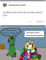 Size: 652x844 | Tagged: safe, artist:ask-luciavampire, oc, oc only, oc:ace beat, oc:ruby blooddreamer, alicorn, dragon, pony, vampire, vampony, tumblr:ask-mycrazyroomates, ask, clothes, socks, tumblr