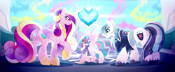 Size: 5400x2221 | Tagged: safe, artist:inspiredpixels, princess cadance, princess flurry heart, shining armor, alicorn, crystal pony, pony, unicorn, g4, alternate hairstyle, crystal heart, crystallized, cutiespark, female, filly, headcanon in the description, male, mare, older, older flurry heart, older shining armor, stallion, story included