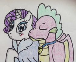 Size: 1280x1039 | Tagged: safe, artist:dragonpriness, rarity, spike, dragon, pony, unicorn, g4, the last problem, blushing, cheek kiss, duo, eyes closed, eyeshadow, female, gigachad spike, kissing, makeup, male, mare, older, older rarity, older spike, ship:sparity, shipping, skunk stripe, straight, surprised, traditional art, wide eyes