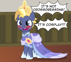 Size: 2488x2164 | Tagged: safe, artist:badumsquish, derpibooru exclusive, star tracker, earth pony, pony, g4, once upon a zeppelin, the last problem, angry, blushing, clothes, clothes swap, coronation dress, cosplay, costume, crossdressing, crossplay, crown, cute, dialogue, dress, embarrassed, freckles, frown, high res, implied twilight sparkle, jewelry, male, open mouth, pose, regalia, second coronation dress, shoes, show accurate, solo, stallion, starcrossed, trackerbetes, tsundere, yelling