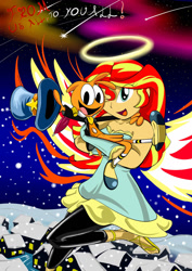 Size: 1024x1449 | Tagged: safe, artist:gizmo01, sunset shimmer, equestria girls, g4, aurora borealis, blue fairy, clothes, cosplay, costume, crossover, duo, friendshipping, hair over one eye, halo, hat, houses, jiminy cricket, pinocchio, roleplaying, shooting stars, snow, umbrella, wander (wander over yonder), wander over yonder, wings