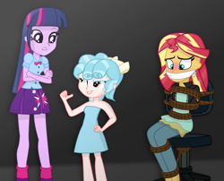 Size: 2000x1612 | Tagged: safe, artist:grapefruitface1, cozy glow, sunset shimmer, twilight sparkle, equestria girls, g4, arm behind back, blushing, bondage, bound and gagged, cloth gag, equestria girls-ified, gag, rope, rope bondage, show accurate, tied to chair, tied up