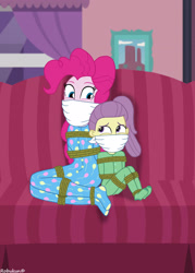 Size: 1920x2688 | Tagged: safe, artist:robukun, lily pad (g4), pinkie pie, human, equestria girls, g4, babysitting, bondage, bound and gagged, cloth gag, clothes, couch, duo, duo female, female, femsub, footed sleeper, footie pajamas, gag, help us, onesie, over the nose gag, pajamas, pinkiesub, rope, rope bondage, sleepover, slumber party, submissive, tied up
