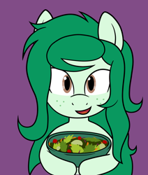 Size: 952x1125 | Tagged: safe, artist:scraggleman, wallflower blush, earth pony, pony, g4, cute, equestria girls ponified, flowerbetes, food, freckles, herbivore, holding, looking at you, ponified, salad, smiling, solo