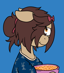 Size: 903x1018 | Tagged: safe, artist:scraggleman, oc, oc only, oc:paradise skies, pegasus, pony, bowl, clothes, food, hair over one eye, pasta, smiling, solo, spaghetti, sweater