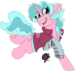 Size: 2248x2128 | Tagged: safe, artist:brainiac, derpibooru exclusive, oc, oc only, oc:candy chip, cyborg, pony, unicorn, the sunjackers, clothes, cyberpunk, dock, female, high res, mare, simple background, solo, transparent background