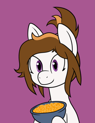 Size: 937x1213 | Tagged: safe, artist:scraggleman, oc, oc only, oc:home sick, pegasus, pony, bowl, cheese, food, holding, macaroni, macaroni and cheese, pasta, ponytail, solo