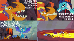 Size: 2000x1125 | Tagged: safe, edit, edited screencap, editor:quoterific, screencap, billy, clump, princess ember, spear (g4), dragon, g4, sweet and smoky, angry, caption, comic, dragoness, female, gritted teeth, lava, male, open mouth, text