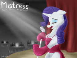 Size: 2400x1800 | Tagged: safe, artist:rockhoppr3, rarity, pony, unicorn, love letters (vylet pony), vylet pony, g4, chair, clothes, curtains, dress, eyes closed, floppy ears, gloves, microphone stand, solo, spotlight, stage, table