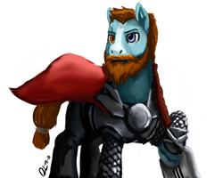 Size: 1280x1024 | Tagged: safe, artist:raphaeldavid, rockhoof, earth pony, pony, g4, armor, avengers: infinity war, cape, clothes, cosplay, costume, male, rockhoof's shovel, shovel, simple background, solo, stallion, thor, white background