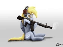 Size: 1600x1200 | Tagged: safe, artist:raphaeldavid, derpy hooves, pegasus, pony, g4, earmuffs, goggles, gun, rifle, safety goggles, sitting, solo, this will not end well, weapon