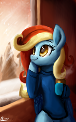 Size: 1600x2560 | Tagged: oc name needed, safe, artist:raphaeldavid, oc, oc only, pegasus, pony, clothes, drink, looking out the window, not rainbow dash, smiling, solo, sweater, window