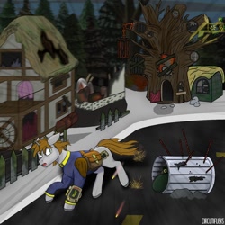 Size: 1200x1200 | Tagged: safe, artist:circumflexs, oc, oc only, oc:littlepip, earth pony, pony, unicorn, fallout equestria, bag, clothes, fanfic, fanfic art, female, floppy ears, golden oaks library, gun, hooves, horn, jumpsuit, mare, open mouth, pipbuck, ponyville, raider, rifle, ruins, running, running away, saddle bag, shooting, sniper, sniper rifle, solo focus, trash can, vault suit, weapon