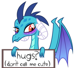 Size: 6969x6235 | Tagged: safe, artist:kmlp, derpibooru exclusive, princess ember, dragon, g4, blushing, bronybait, cute, denial's not just a river in egypt, dragoness, emberbetes, female, hug request, hugs?, i'm not cute, in denial, sign, simple background, solo, transparent background, tsundember, tsundere, vector, wavy mouth