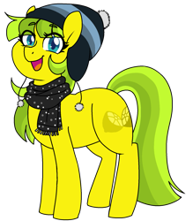 Size: 1483x1693 | Tagged: safe, artist:/d/non, oc, oc only, oc:lemon drop, earth pony, pony, 2021 community collab, derpibooru community collaboration, clothes, commissioner:lemondrop, female, hat, looking at you, scarf, simple background, solo, transparent background