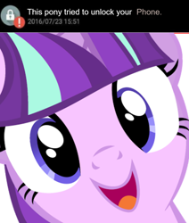 Size: 966x1140 | Tagged: safe, artist:qwertyuiopoiuytrewq, edit, starlight glimmer, pony, unicorn, g4, caption, close-up, cute, female, glimmerbetes, hi anon, looking at you, mare, meme, open mouth, s5 starlight, smiling, solo, text, text edit, this person tried to unlock your phone, this will end in communism, vector