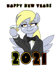 Size: 1280x1656 | Tagged: safe, artist:outofworkderpy, derpy hooves, pegasus, pony, g4, 2021, alcohol, bowtie, champagne, clothes, female, happy new year, happy new year 2021, hat, holiday, leonardo dicaprio, mare, meme, simple background, solo, suit, the great gatsby, toasting, transparent background, wine