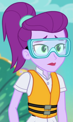 Size: 545x910 | Tagged: safe, screencap, mauve violette, equestria girls, g4, spring breakdown, cropped, cruise ship staff, female, goggles, lifejacket, ponytail, safety goggles, solo