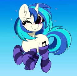 Size: 4096x4028 | Tagged: safe, artist:kittyrosie, dj pon-3, vinyl scratch, pony, unicorn, g4, absurd resolution, blushing, clothes, cute, female, gradient background, heart, looking at you, mare, missing accessory, one eye closed, redraw, smiling, socks, solo, striped socks, vinylbetes, wink