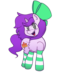Size: 1596x1856 | Tagged: safe, artist:garu, oc, oc only, oc:mable syrup, pony, unicorn, 2021 community collab, derpibooru community collaboration, blind, bow, clothes, png, purple hair, simple background, socks, solo, striped socks, transparent background